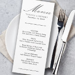 Simple Calligraphy Black and White Wedding Menu<br><div class="desc">Custom wedding menu card. Simple classic and elegant design black and white to coordinate with your wedding colours (please browse my store for alternative colours or click "customise further" and change the background colour to suit). The template is ready for you to add the bride and groom names, wedding date...</div>