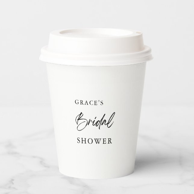 Simple Calligraphy Black & White Bridal Shower Paper Cups (Front)