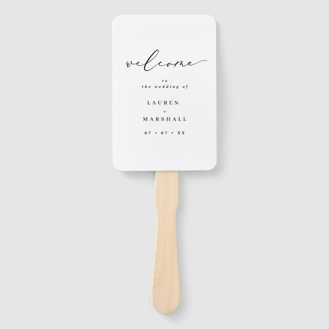 Simple Calligraphy Black &White Wedding Program Hand Fan (Front)