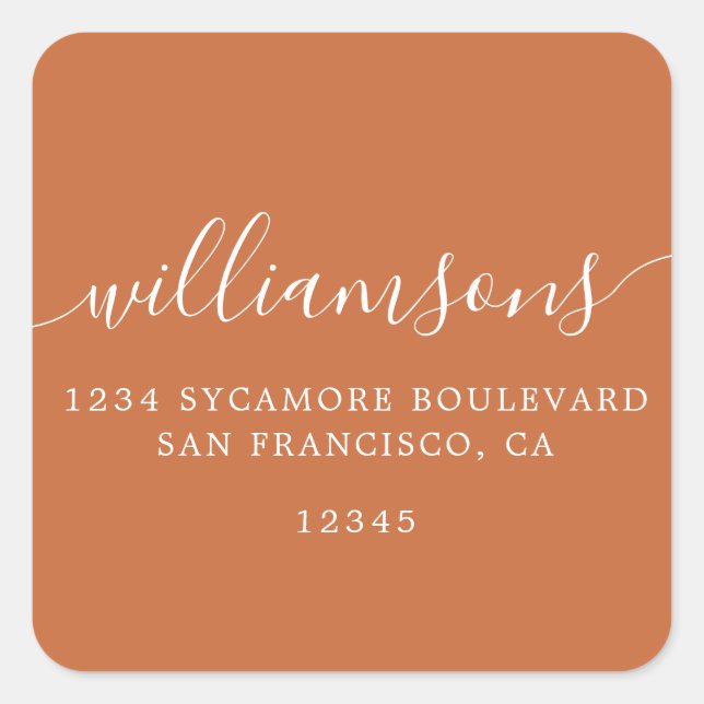 Simple Calligraphy Burnt Orange Return Address Square Sticker (Front)