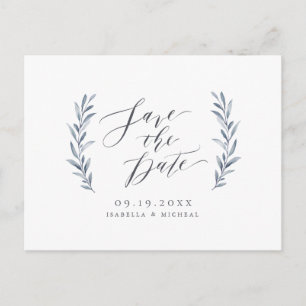 Simple calligraphy dusty blue greenery wedding announcement postcard