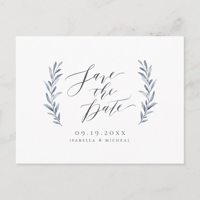 Simple calligraphy dusty blue greenery wedding announcement postcard (Front)