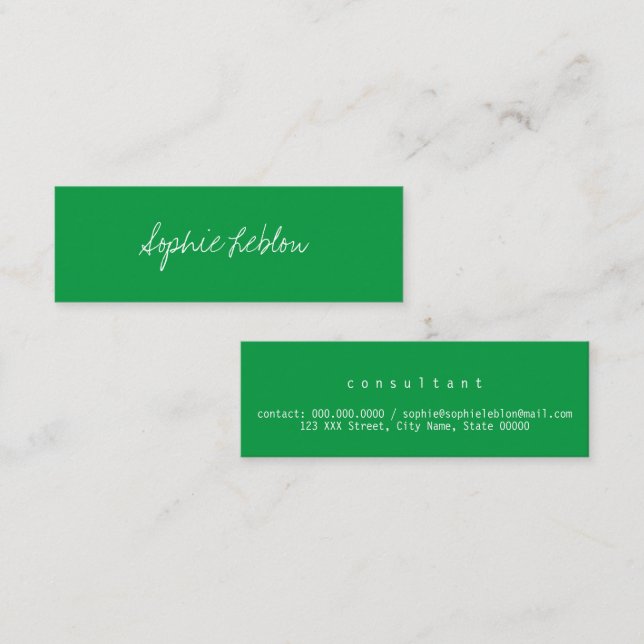 Simple Calligraphy elegant green Consultant Mini Business Card (Front/Back)
