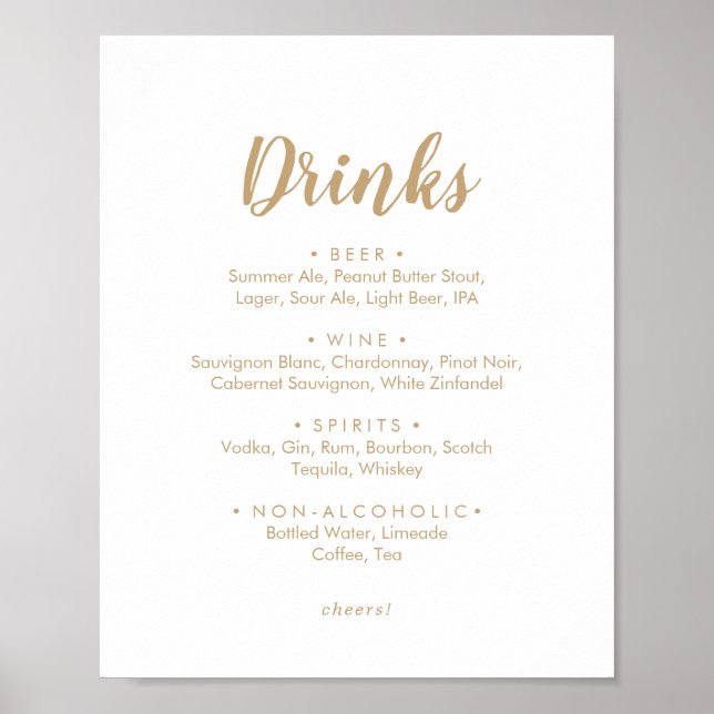 Simple Calligraphy | Gold Wedding Drinks Menu Sign (Front)