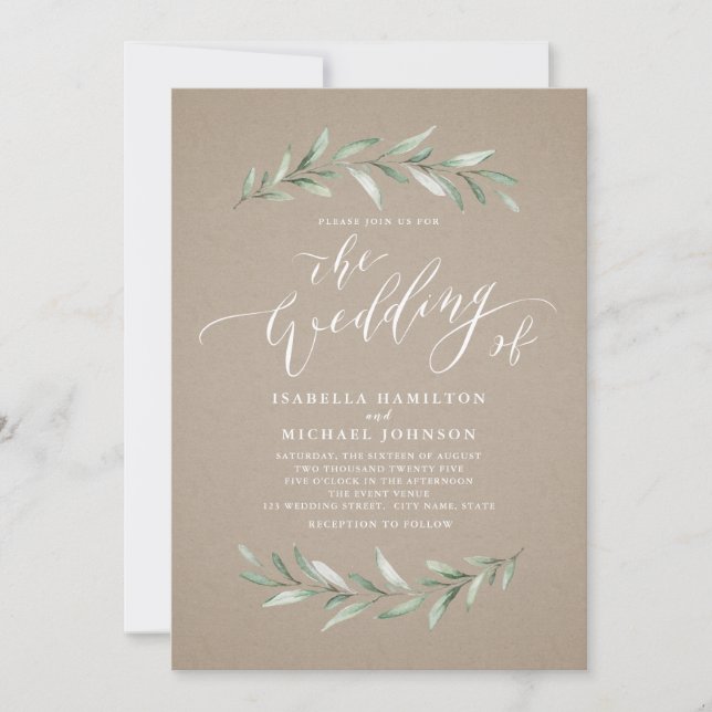 Simple calligraphy greenery rustic kraft wedding invitation (Front)