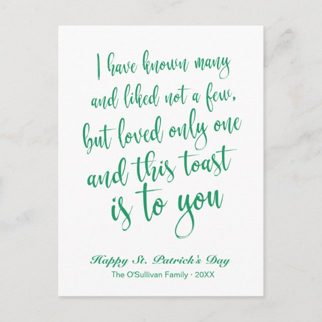 Simple Calligraphy Irish Toast St. Patrick's Day Postcard (Front)