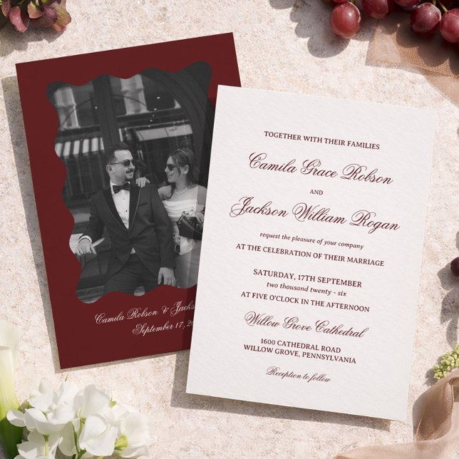 Simple Calligraphy Ivory and Burgundy Wedding  Invitation (Creator Uploaded)