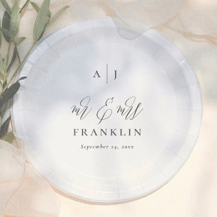 Simple Calligraphy Monogram Mr & Mrs Wedding Paper Plate