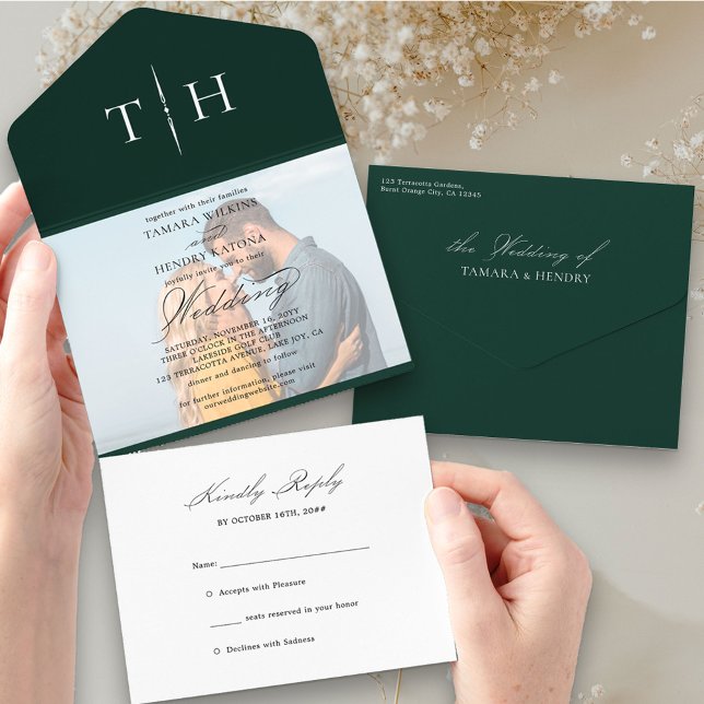Simple Calligraphy Photo Emerald RSVP Wedding All In One Invitation (Creator Uploaded)