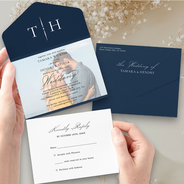 Simple Calligraphy Photo Navy Blue RSVP Wedding Al All In One Invitation (Creator Uploaded)