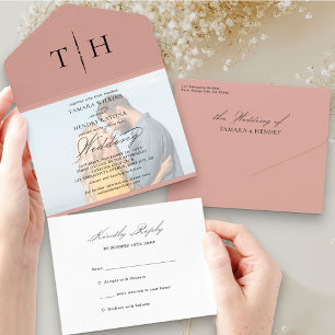 Simple Calligraphy Photo Rose Gold RSVP Wedding All In One Invitation