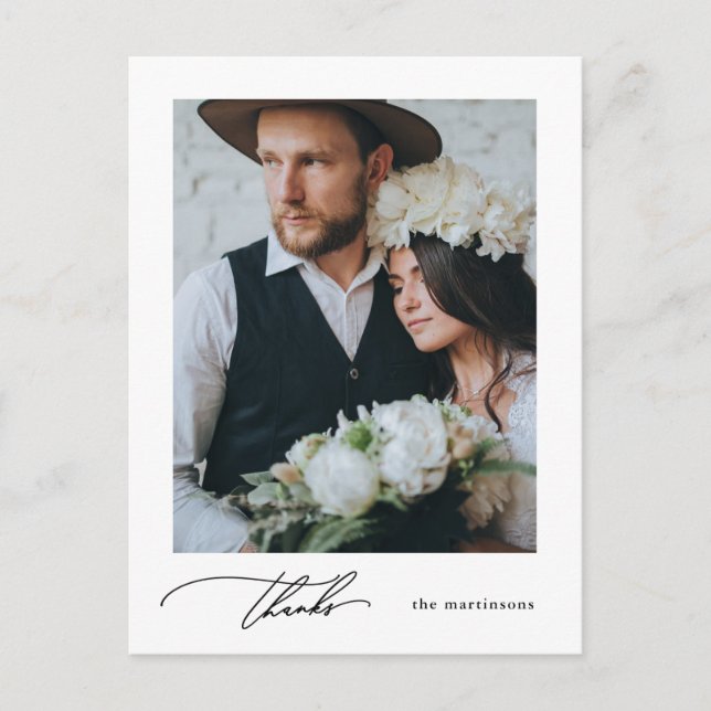 Simple Calligraphy Photo Wedding Thank You Postcard (Front)