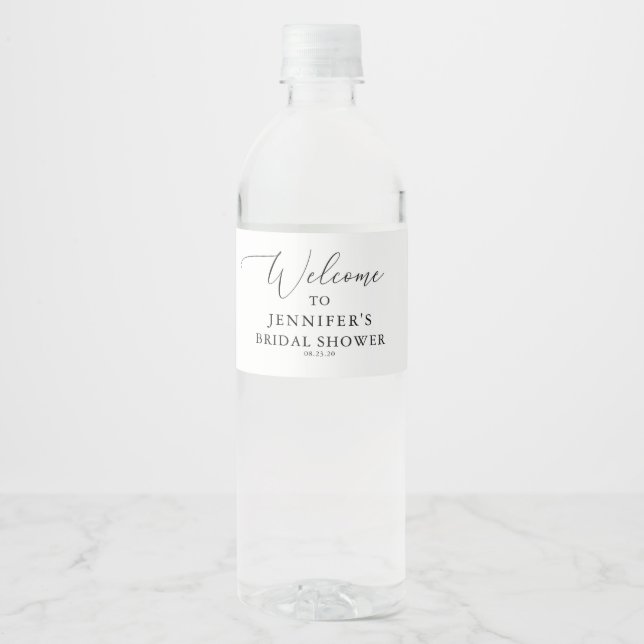 Simple Calligraphy Rustic Bridal Shower Water Bottle Label (Front)