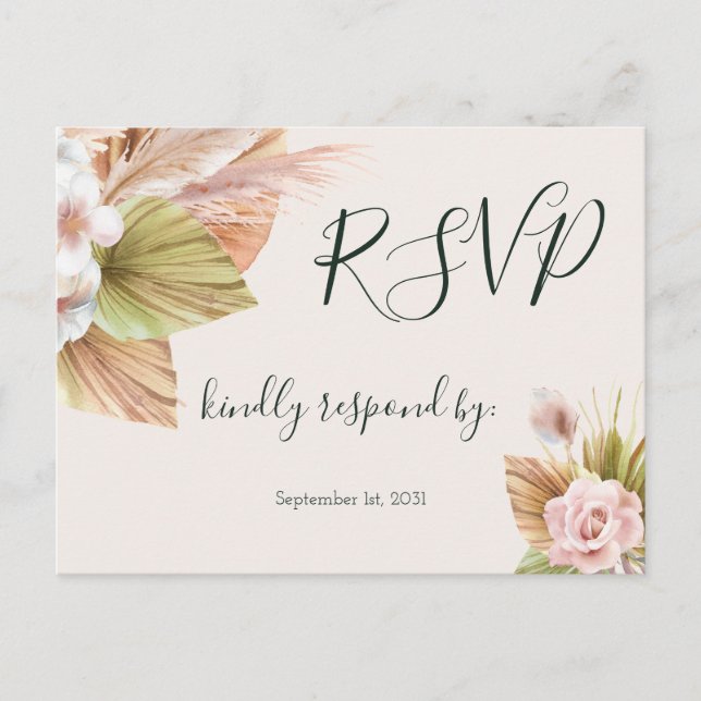 Simple Calligraphy Rustic Floral Wedding RSVP Postcard (Front)