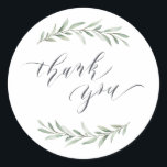 Simple calligraphy rustic greenery  thank you classic round sticker<br><div class="desc">Modern calligraphy thank you sticker with watercolor greenery foliage design,  simple and elegant,  great for rustic wedding,  spring wedding and summer wedding. 
See all the matching pieces in collection</div>