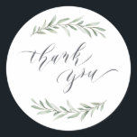 Simple calligraphy rustic greenery  thank you classic round sticker<br><div class="desc">Modern calligraphy thank you sticker with watercolor greenery foliage design,  simple and elegant,  great for rustic wedding,  spring wedding and summer wedding. 
See all the matching pieces in collection</div>