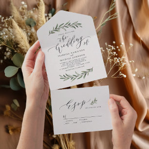 Simple calligraphy rustic greenery wedding all in all in one invitation