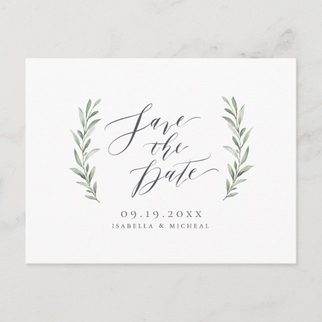 Simple calligraphy rustic greenery wedding announcement postcard (Front)