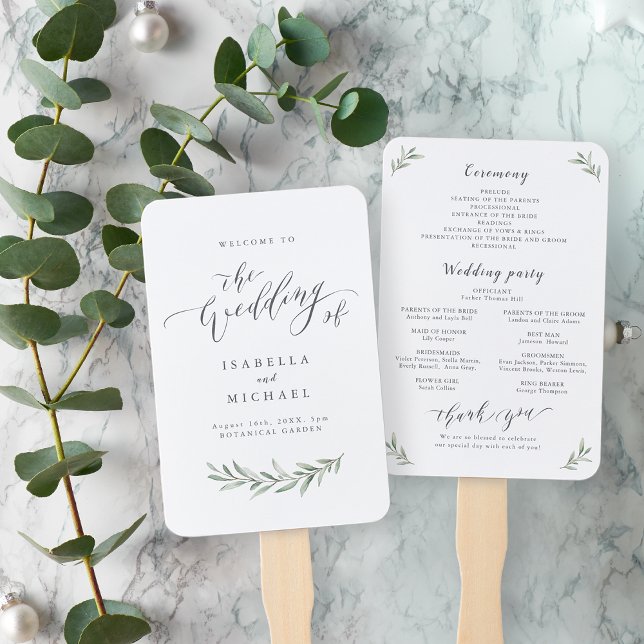 Simple calligraphy rustic greenery wedding program hand fan (Simple calligraphy rustic greenery wedding program hand fan)