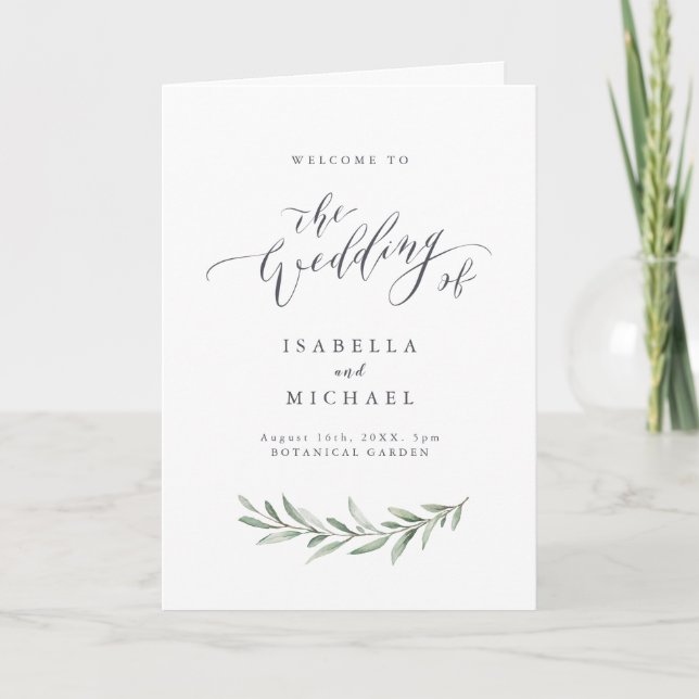 Simple calligraphy rustic greenery wedding program programme (Front)