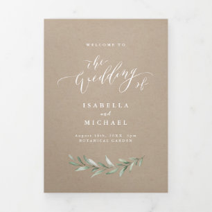Simple calligraphy rustic greenery wedding program Tri-Fold programme