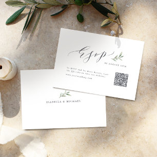 Simple calligraphy rustic greenery wedding QR code RSVP Card