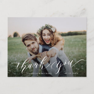 Simple calligraphy rustic photo wedding thank you postcard