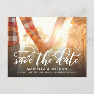 Simple Calligraphy Script Full Photo Save the Date Announcement Postcard