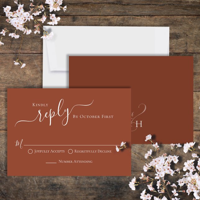 Simple Calligraphy Terracotta Classic Guest RSVP (Beautiful terracotta wedding rsvp, traditional RSVP choice options on the front. )