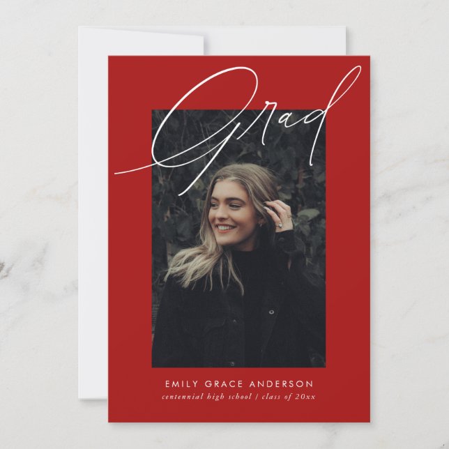Simple Calligraphy Three Photo Red Graduation Announcement (Front)