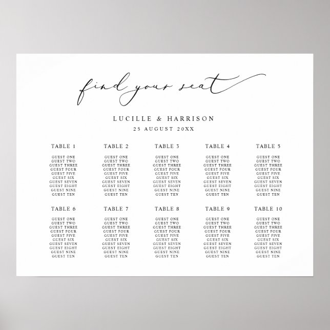 Simple Calligraphy Wedding 10 Tables Seating Plan Poster (Front)