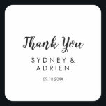 Simple Calligraphy Wedding Thank You Favour Square Sticker<br><div class="desc">This simple calligraphy wedding thank you favour sticker is perfect for an elegant wedding. The classic design features rustic black and white typography with a modern minimalist feel.</div>