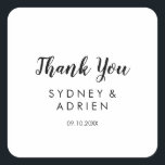 Simple Calligraphy Wedding Thank You Favour Square Sticker<br><div class="desc">This simple calligraphy wedding thank you favour sticker is perfect for an elegant wedding. The classic design features rustic black and white typography with a modern minimalist feel.</div>