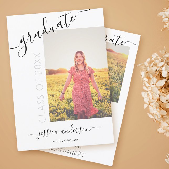 Simple Calligraphy White Black Graduation 2 Photo Invitation (Creator Uploaded)