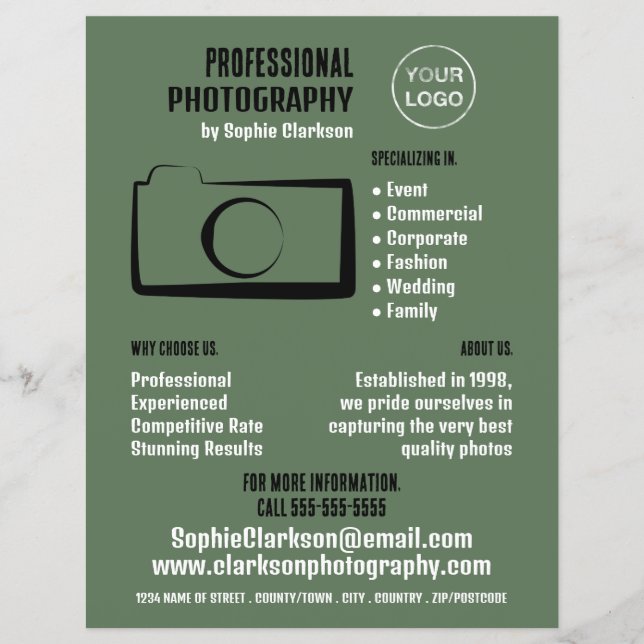 Simple Camera Icon, Photographer, Photography Hire Flyer (Front)