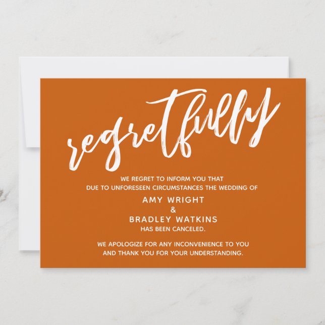 Simple Cancelled Wedding Burnt Orange Regrets Card (Front)