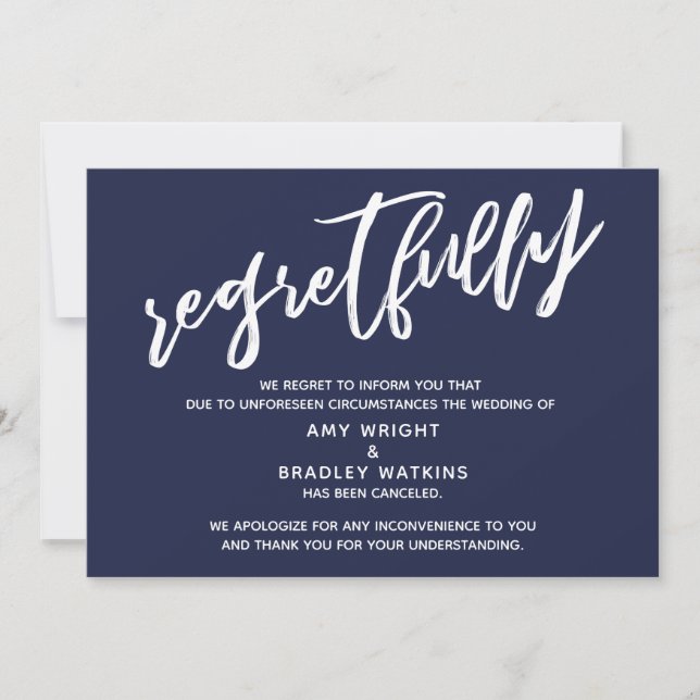 Simple Cancelled Wedding Navy Blue Regretfully Car Invitation (Front)