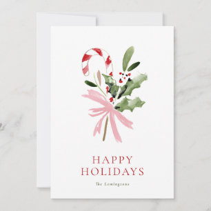 Simple Candy Cane Holly & Bow No Photo Holiday Card