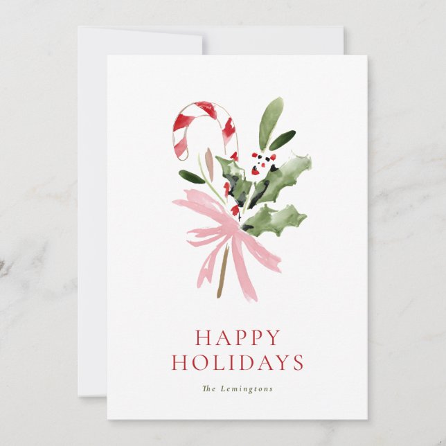 Simple Candy Cane Holly & Bow No Photo Holiday Card (Front)