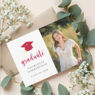 Simple Cap & Tassel Red Graduation Photo Invitation