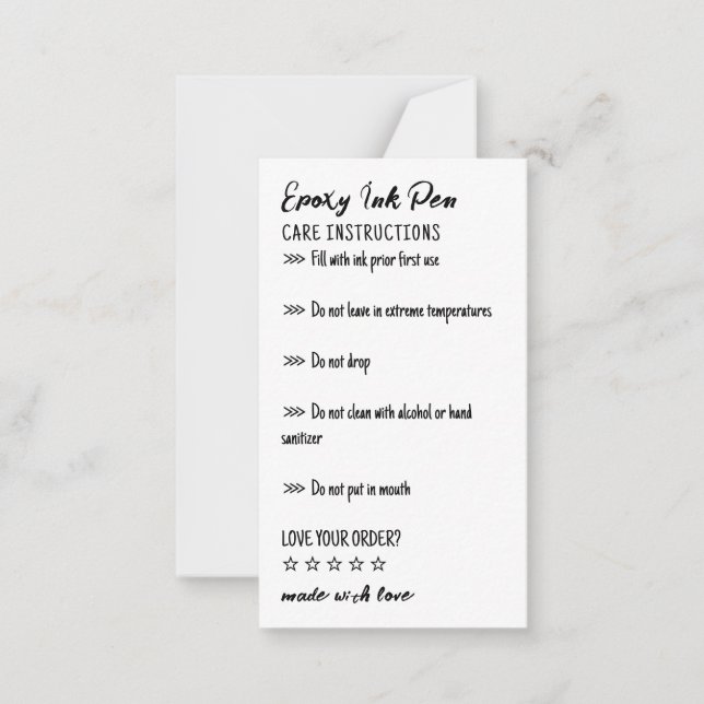 Simple Care Instructions for Epoxy Pen Card (Front)
