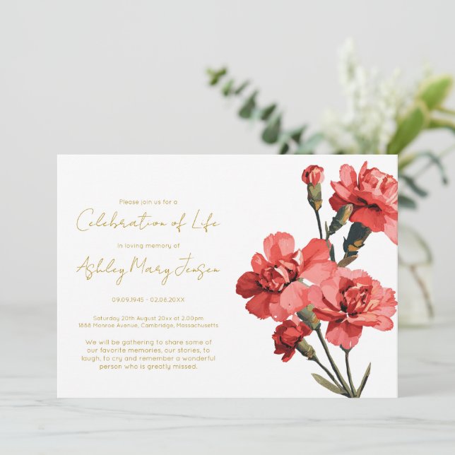 Simple Carnation Celebration of Life Funeral Invitation (Standing Front)