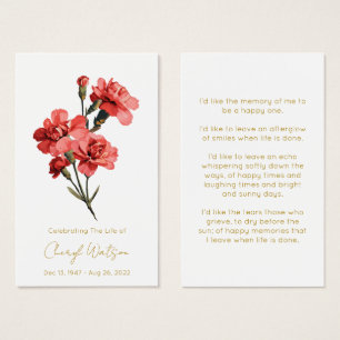 Simple Carnation Funeral Memorial Prayer Card