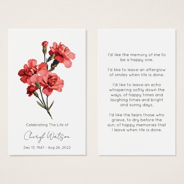 Simple Carnation Funeral Memorial Prayer Card (Front & Back)