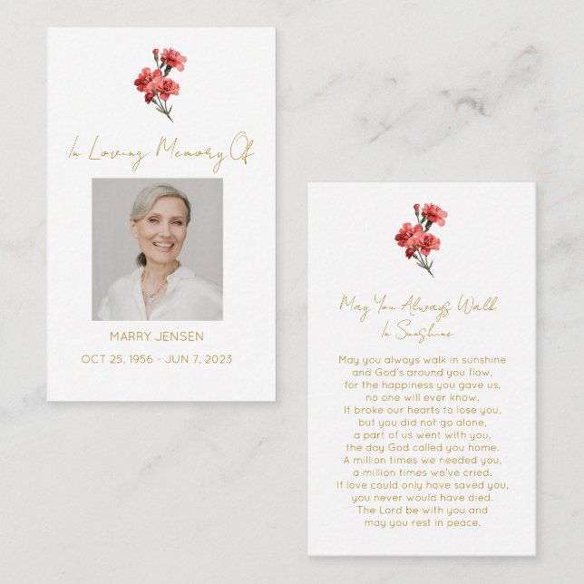 Simple Carnation Photo Funeral Prayer Card (Front/Back)