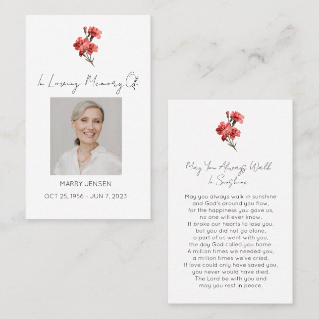 Simple Carnation Photo Funeral Prayer Card (Front/Back)
