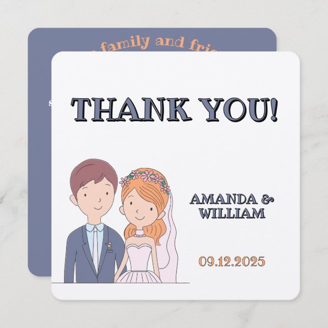 Simple, Cartoon-Iike Spouses Illustration Wedding  Thank You Card (Front/Back)