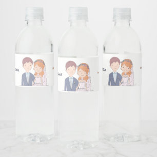 Simple, Cartoon-Iike Spouses Illustration Wedding Water Bottle Label