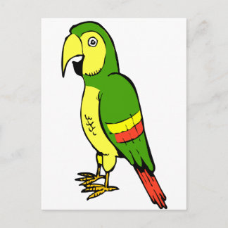 Simple cartoon parrot with yellow and green postcard