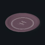 Simple Cassis Purple Modern Bride & Groom Wedding Paper Plate<br><div class="desc">Simple, minimalist and chic Wedding party plates feature the names of the bride and groom with the wedding event date in elegant white lettering and script. This modern design includes a double framed border in crisp white on a minimalist cassis purple background. Personalise with your wedding details! Perfect for your...</div>
